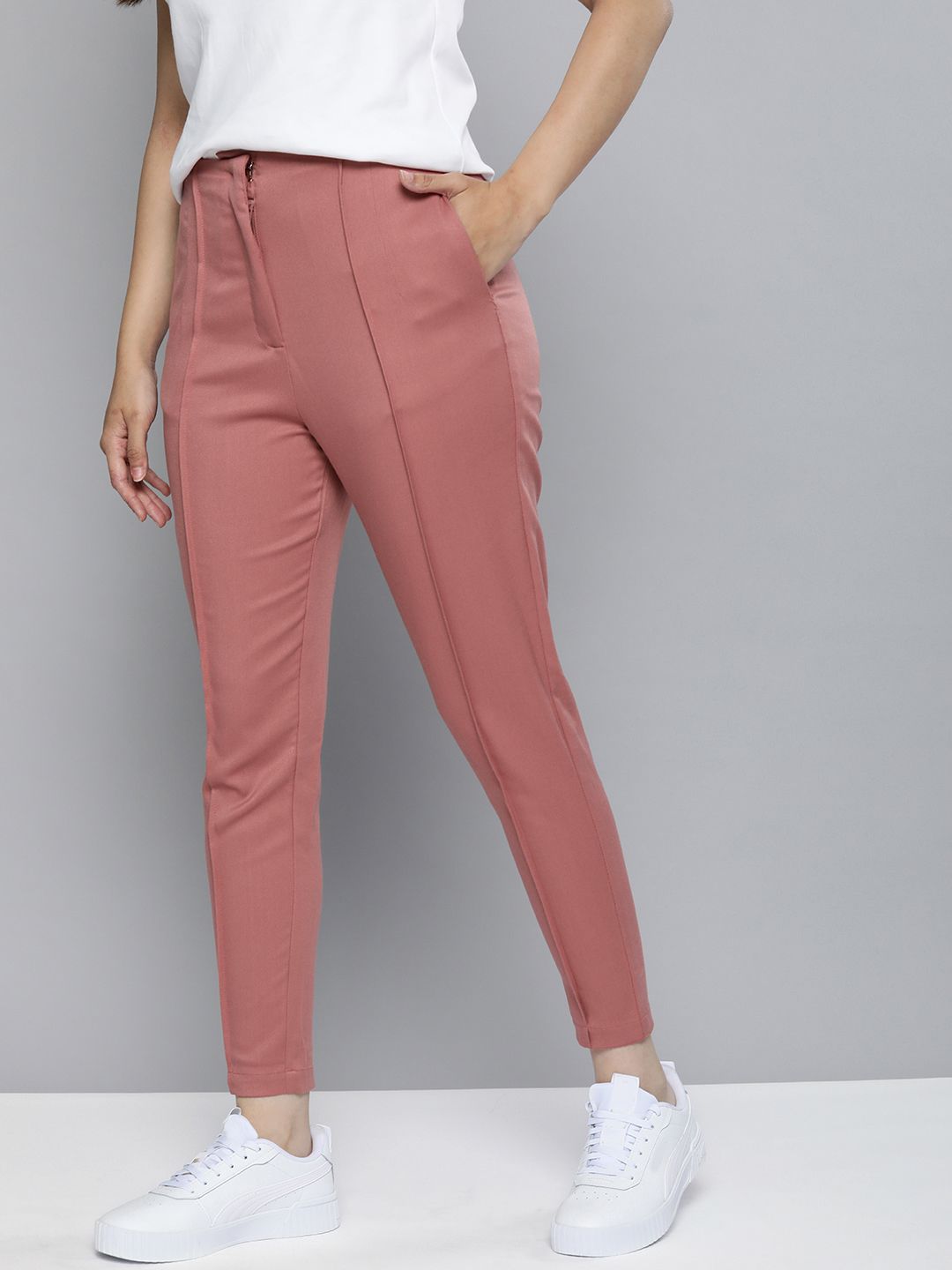 Mast & Harbour Women Pink Slim Fit Crop Trousers Price in India