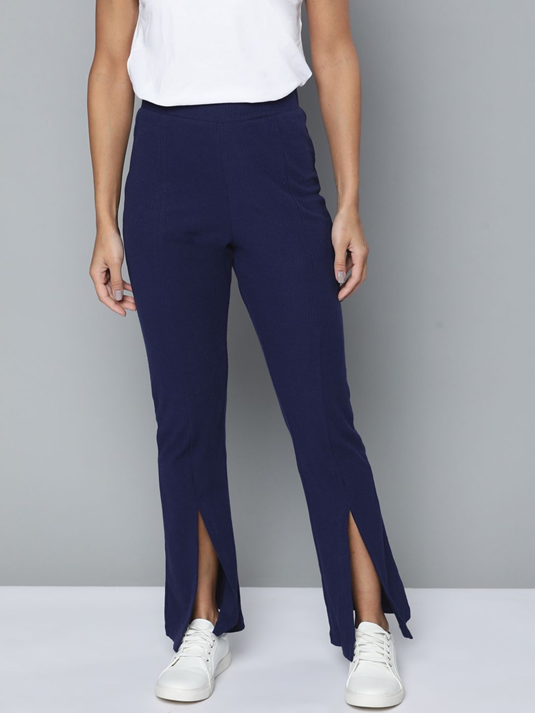 Mast & Harbour Women Navy Blue Ribbed Trousers Price in India