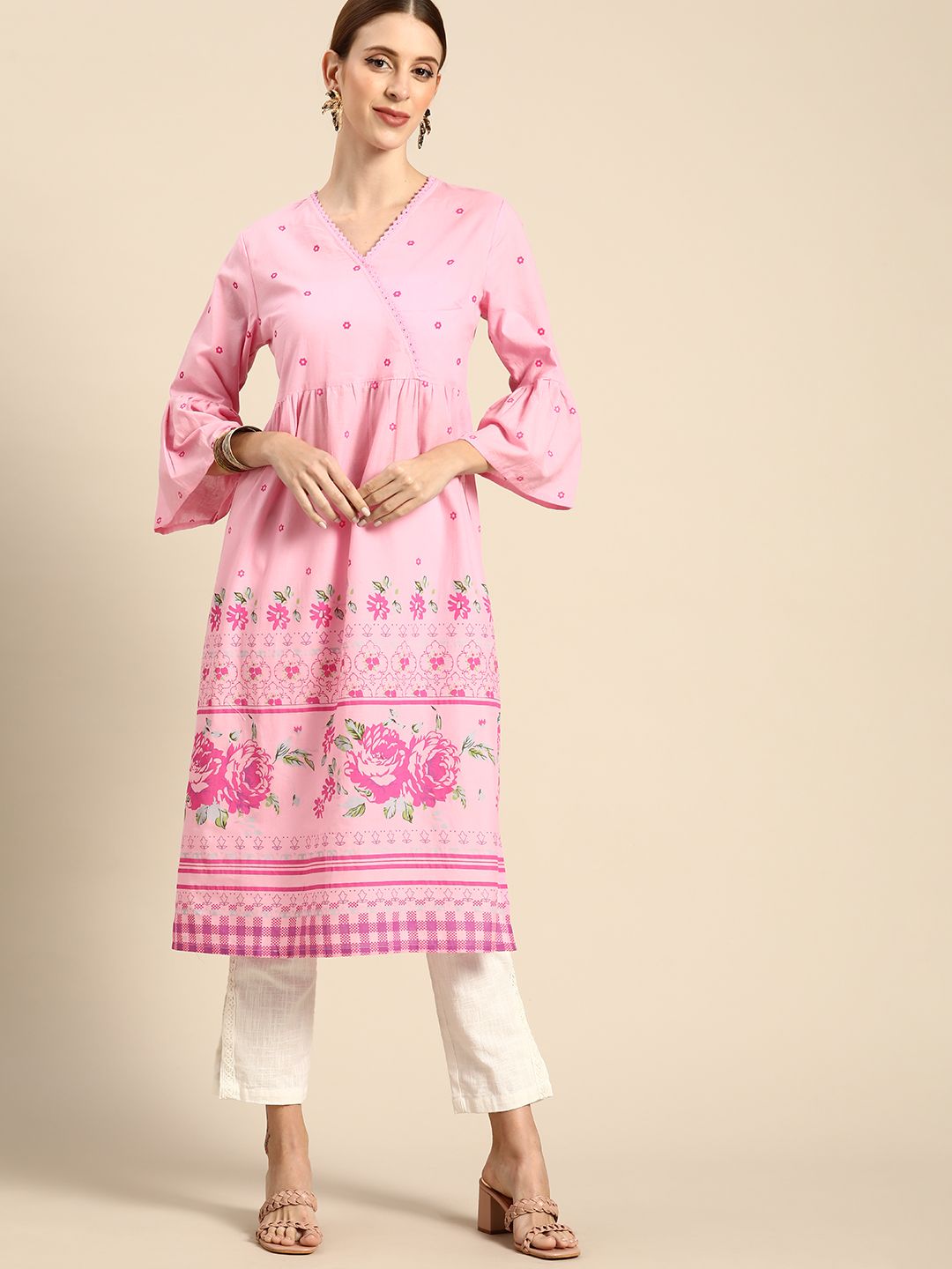 Anouk X Phool-Bazaar Women Pink Pure Cotton Floral Printed Flared Sleeves Kurta Price in India