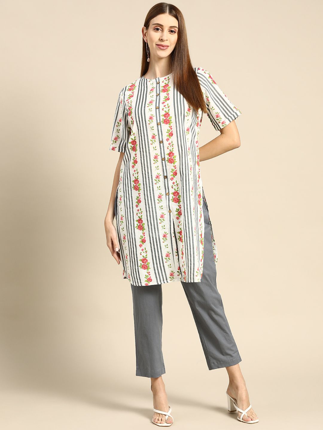 Anouk Women White & Grey Printed Pure Cotton Kurta with Trousers Price in India