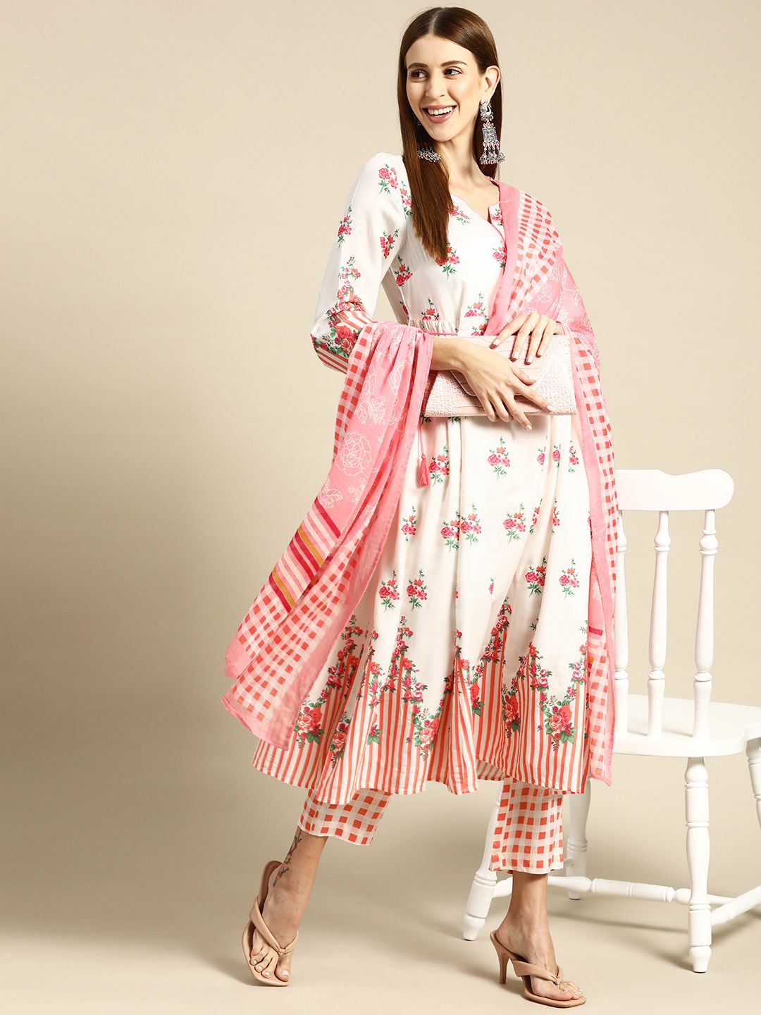 Anouk Women White & Pink Floral Printed Kurta with Trousers & Dupatta Price in India