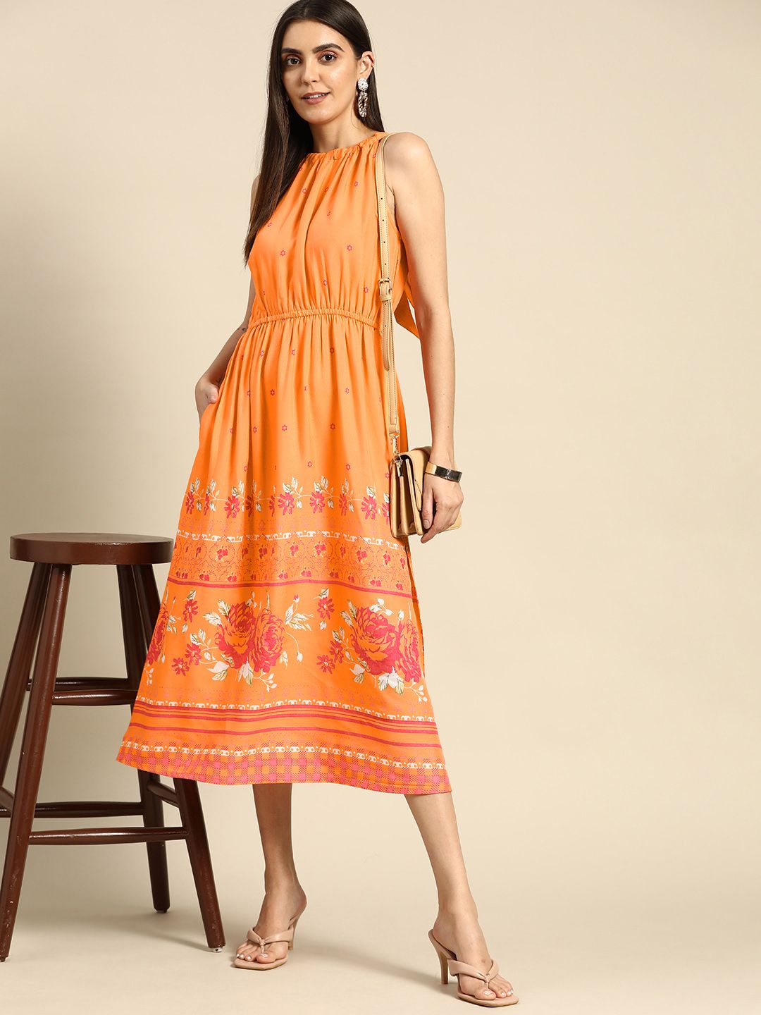 Anouk Women Orange & Pink Ethnic Print Tie-Up Neck A-Line Midi Dress Price in India