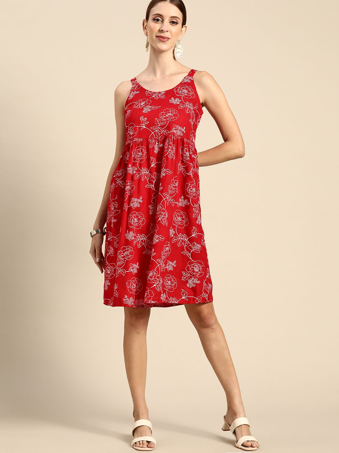 Anouk Red & White Floral A-Line Dress Price in India