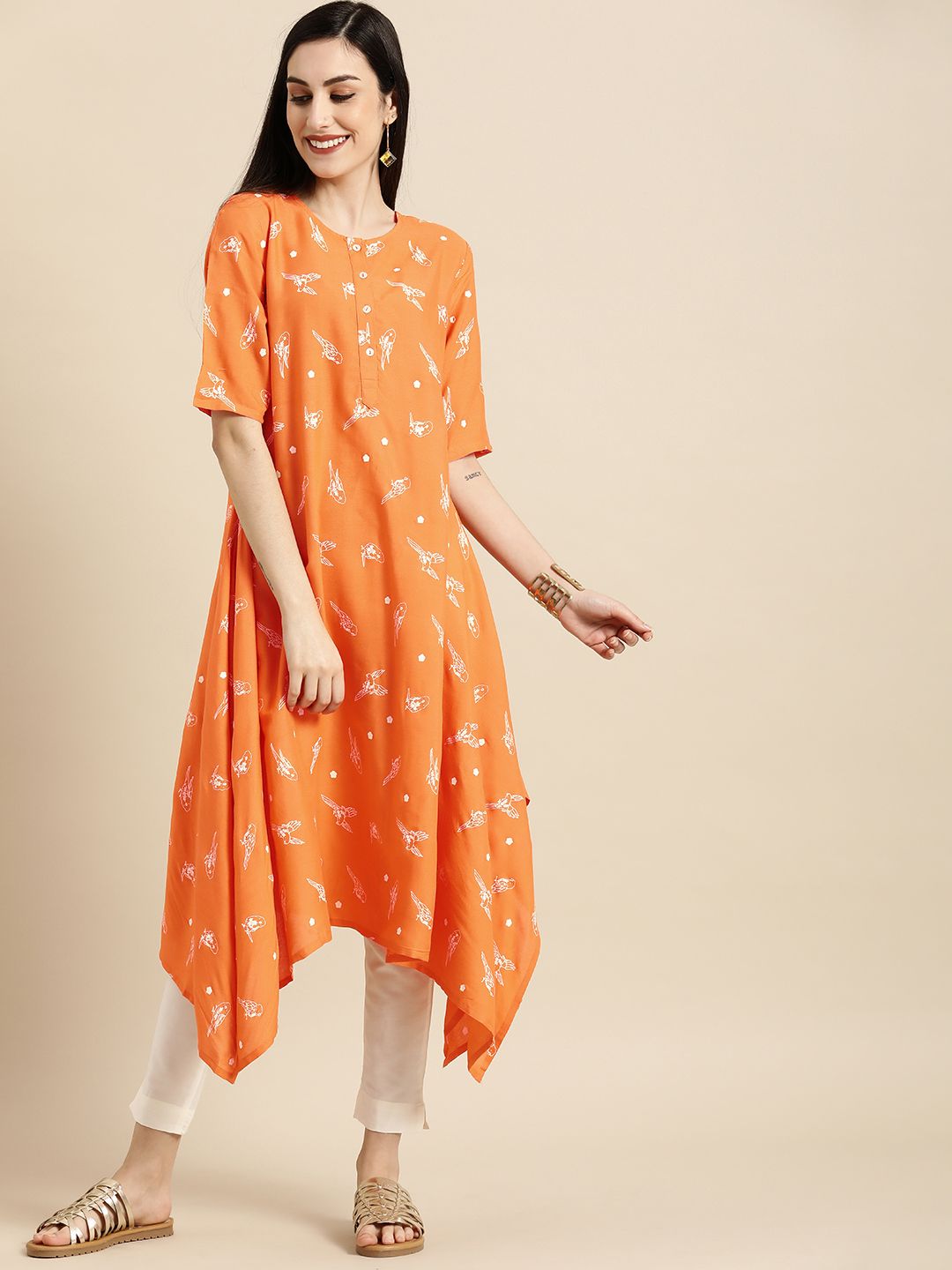 Anouk Women Orange & White Printed Asymmetric Hem Kurta Price in India