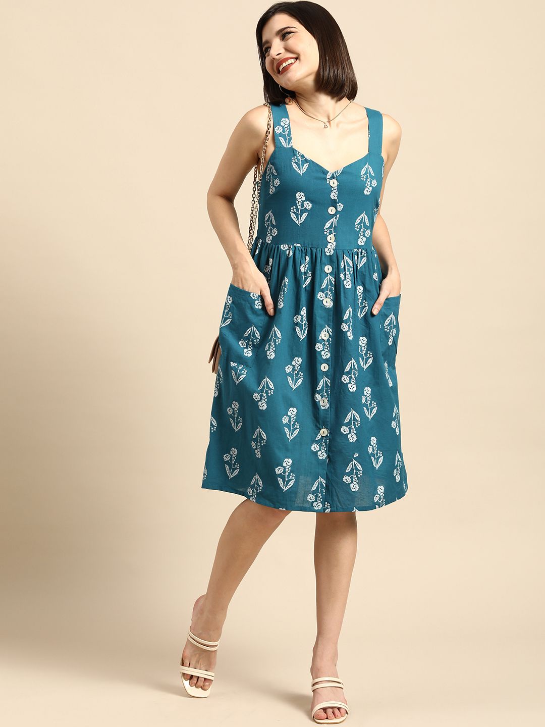 Anouk Women Blue & White Floral Print A-Line Dress Price in India