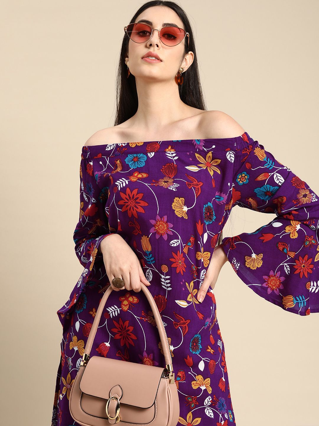 Anouk Women Purple & Orange Floral Printed Off-Shoulder Flared Sleeves Kurta Price in India