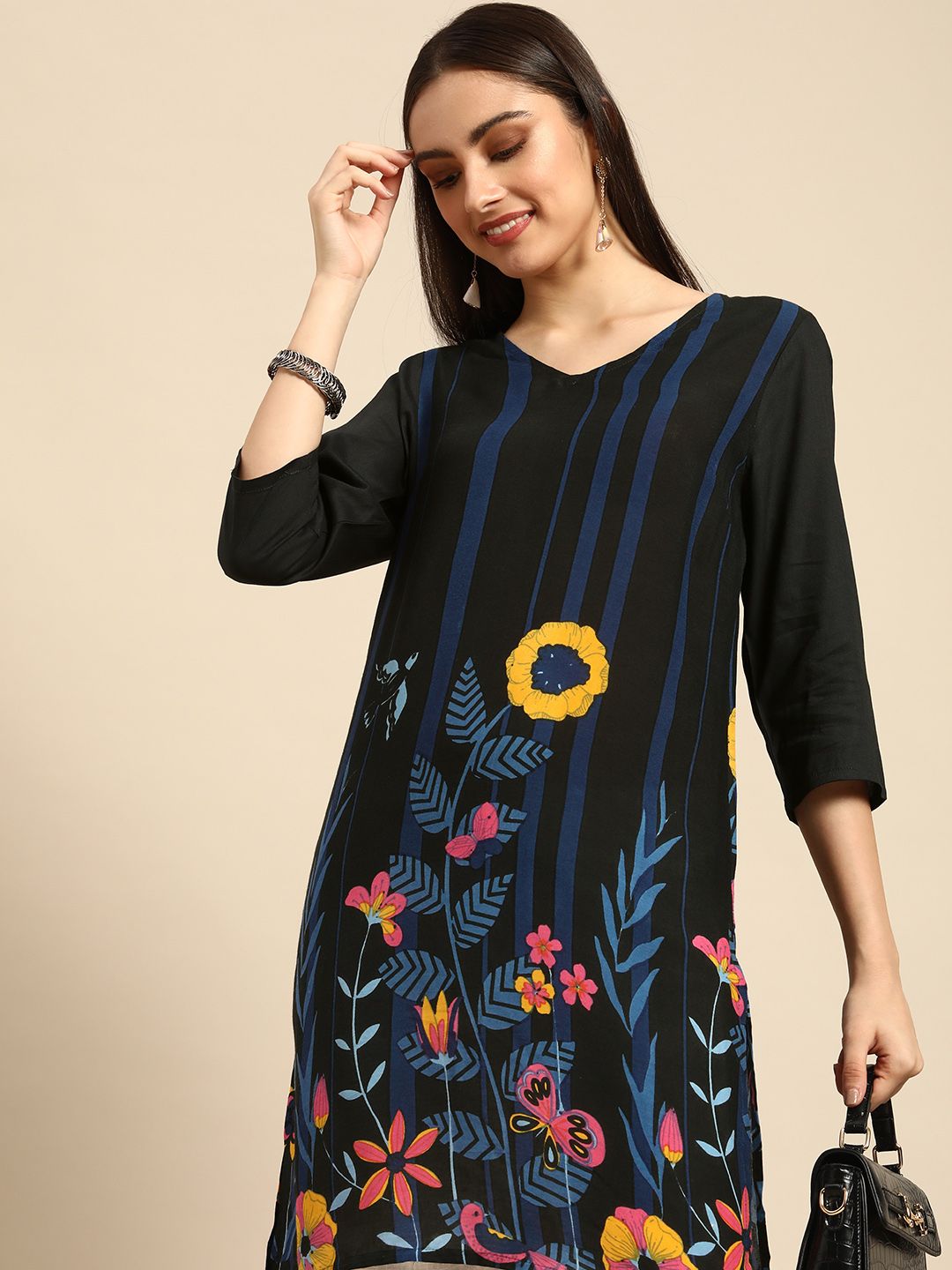 Anouk Women Black & Blue Floral Printed V-Neck Kurti Price in India