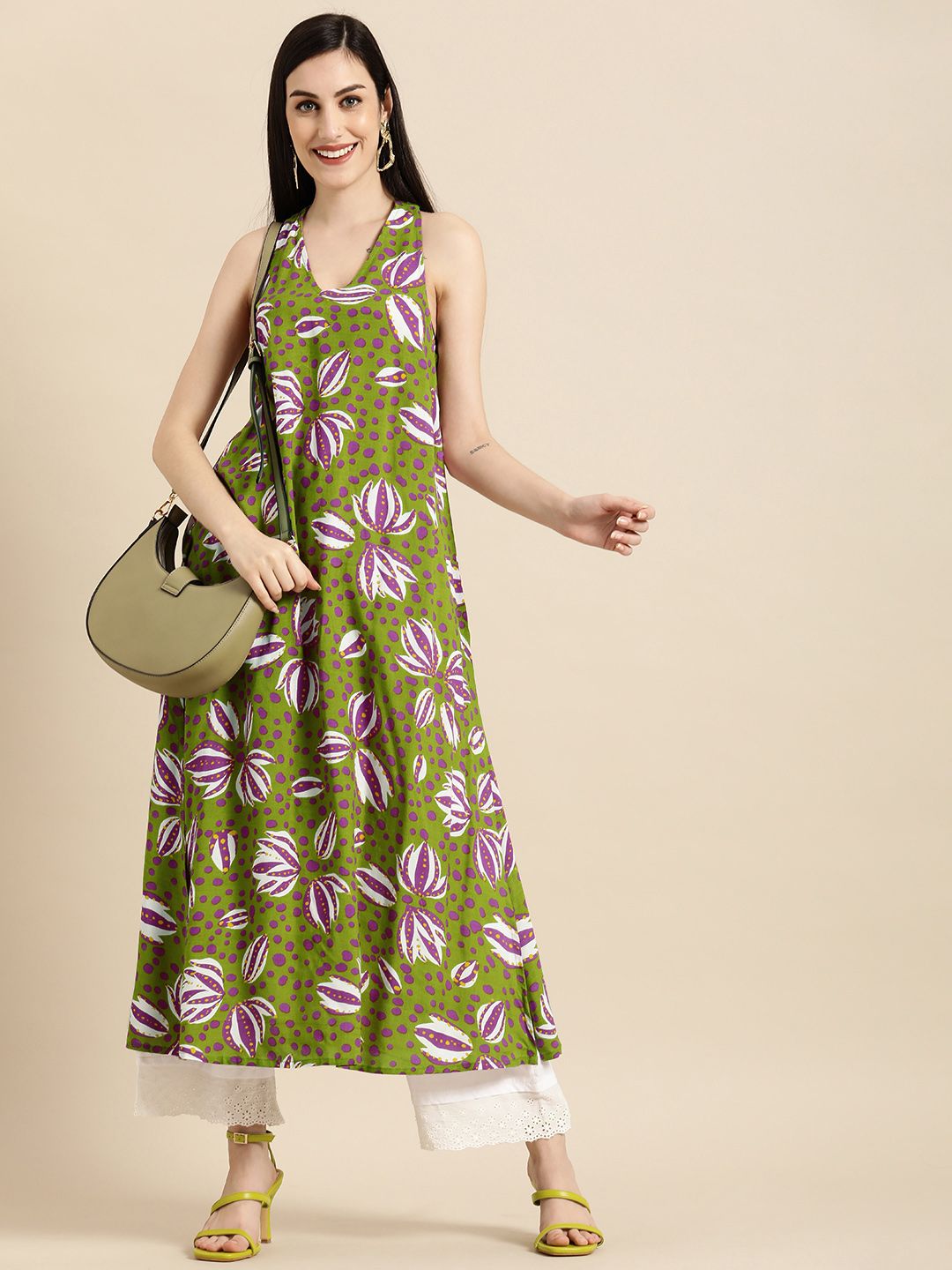 Anouk Women Olive Green & Purple Floral Printed Kurta With a Styled back Price in India
