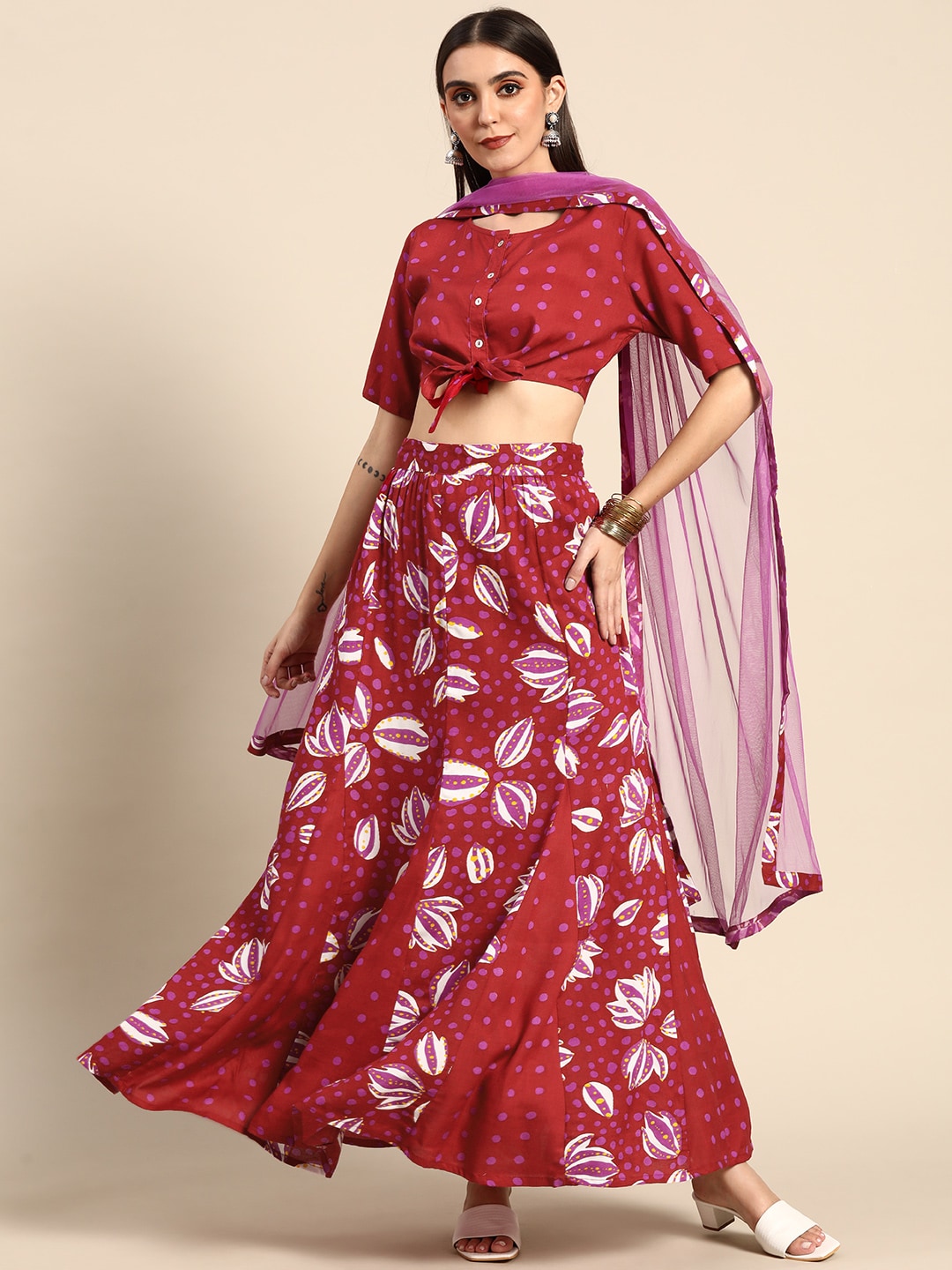Anouk Maroon & Purple Ready to Wear Printed Fusion Lehenga & Blouse With Dupatta Price in India