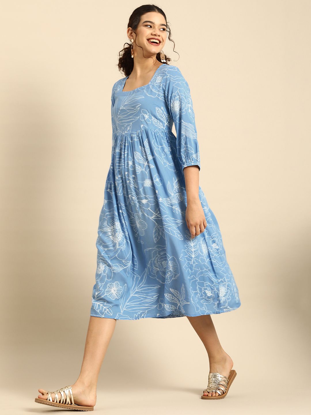 Anouk Blue & White Floral Square neck Fit N Flare Dress Price in India