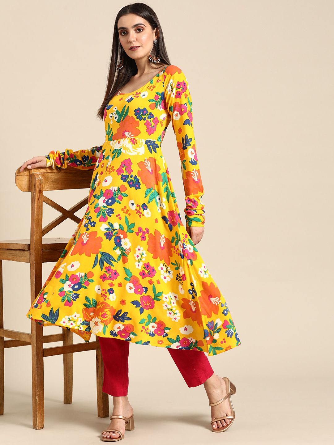 Anouk Women Yellow & Pink Floral Printed Long Sleeves Kurta Price in India