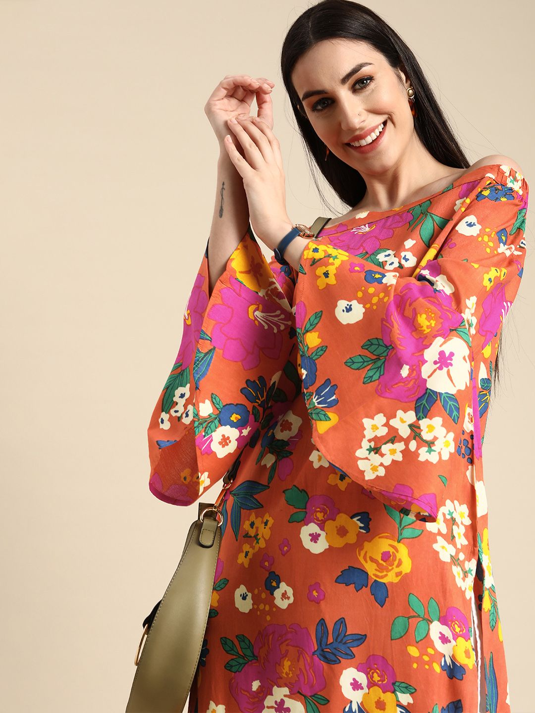 Anouk Women Orange & Yellow Floral Printed Off Shoulder Kurta With Flared Sleeves Price in India