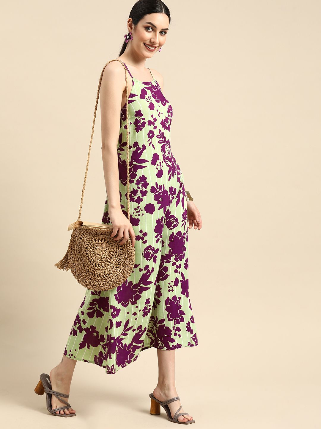 Anouk Women Green & Purple Floral Printed Maxi Dress Price in India