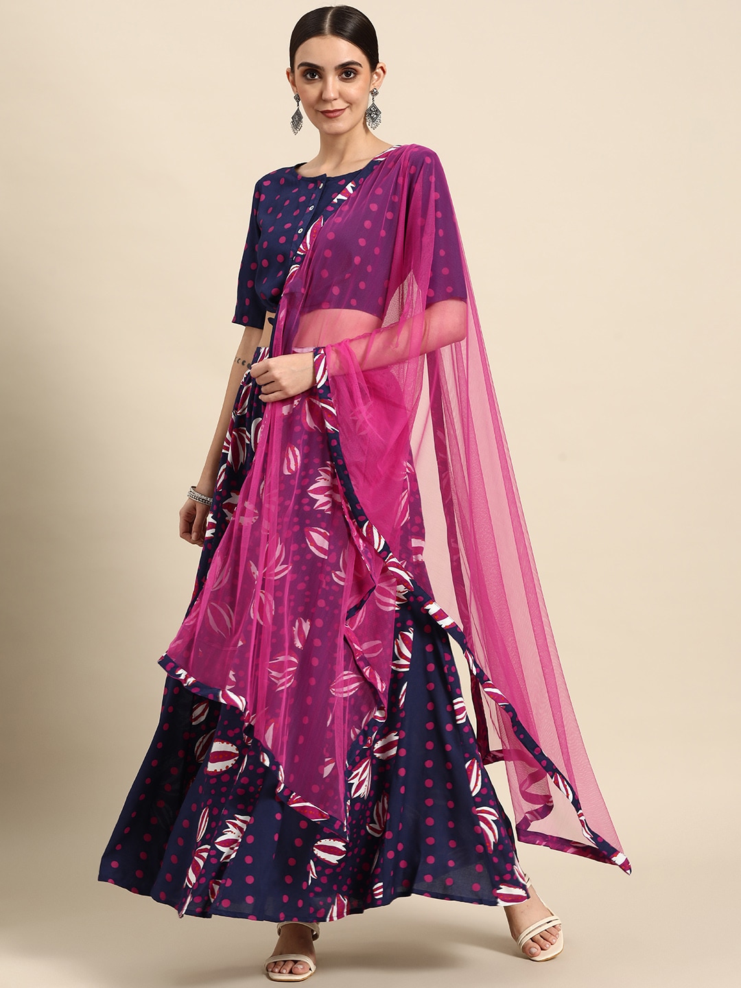 Anouk Navy Blue & Purple Printed Ready to Wear Lehenga & Blouse With Dupatta Price in India