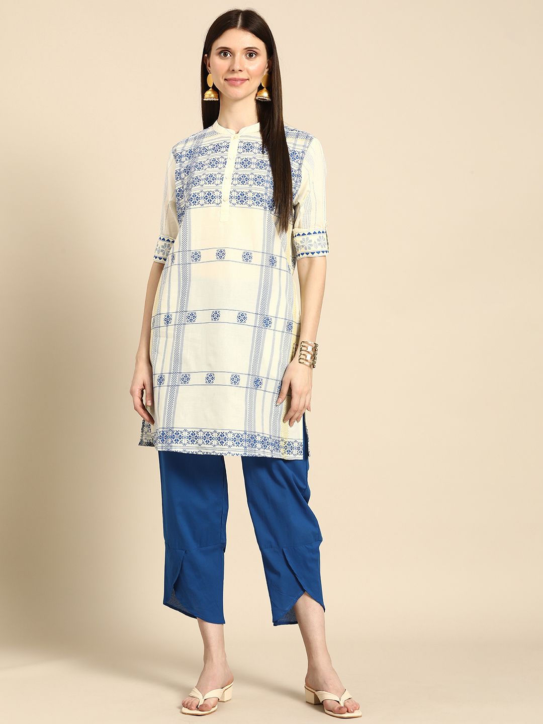 Anouk Kaamkaaj Women Off White Ethnic Motifs Printed Pure Cotton Kurta with Trousers Price in India