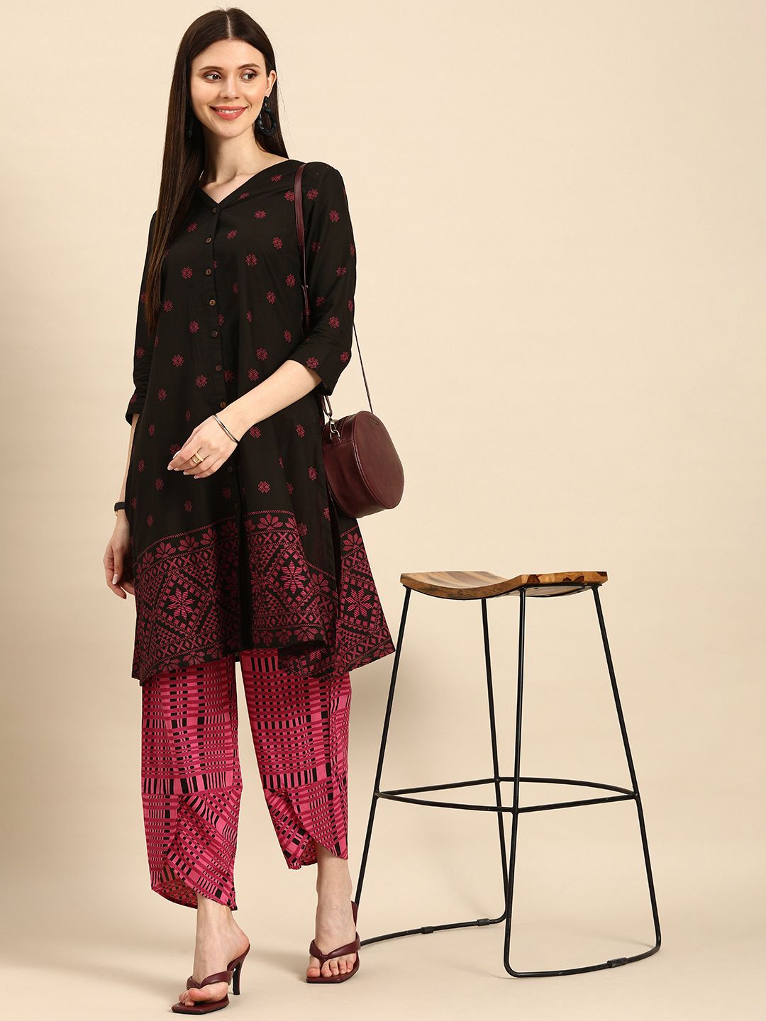 Anouk Women Black & Magenta Printed Pure Cotton Kurta with Trousers Price in India