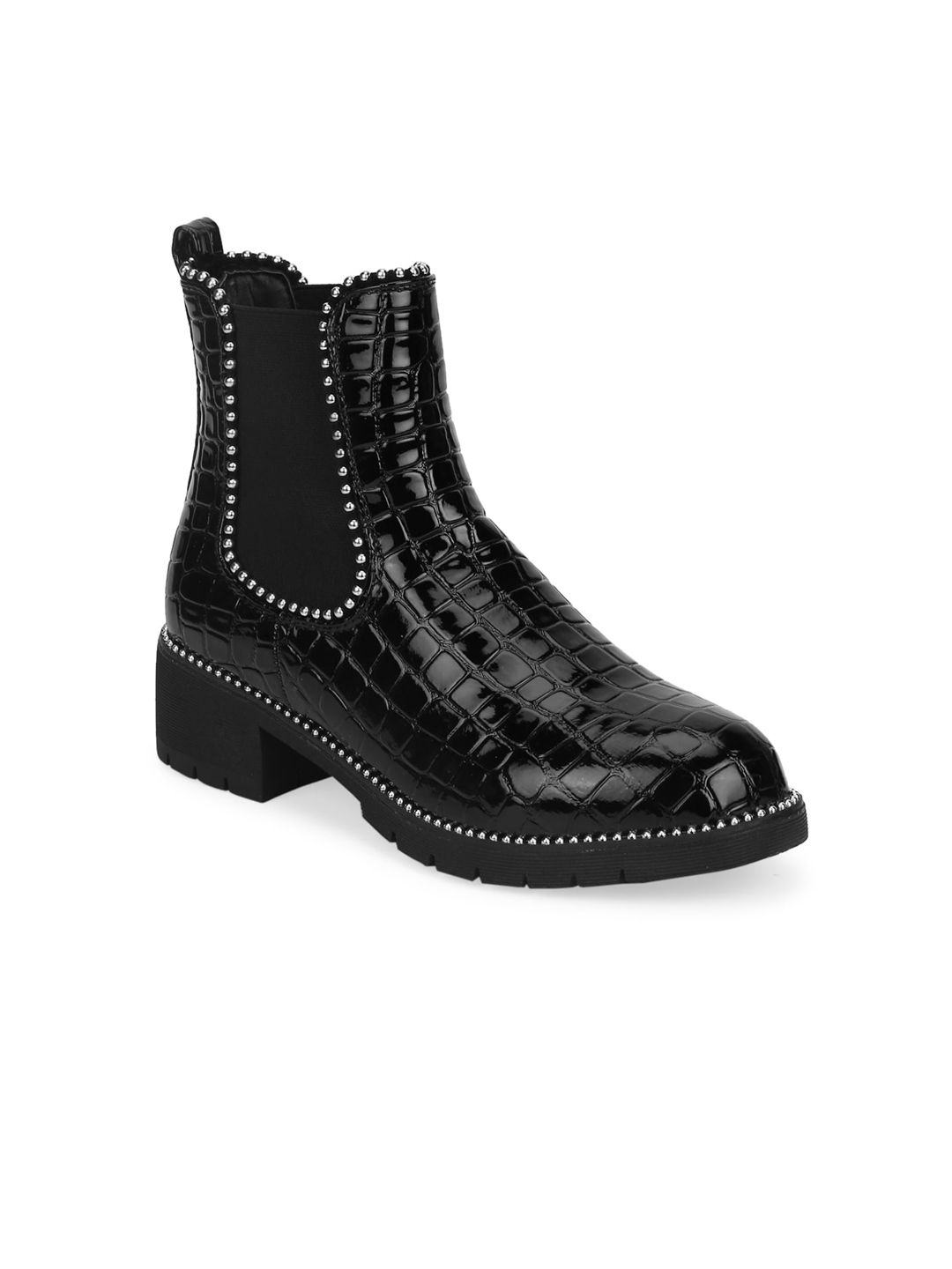 Truffle Collection Black Textured Block Heeled Boots Price in India