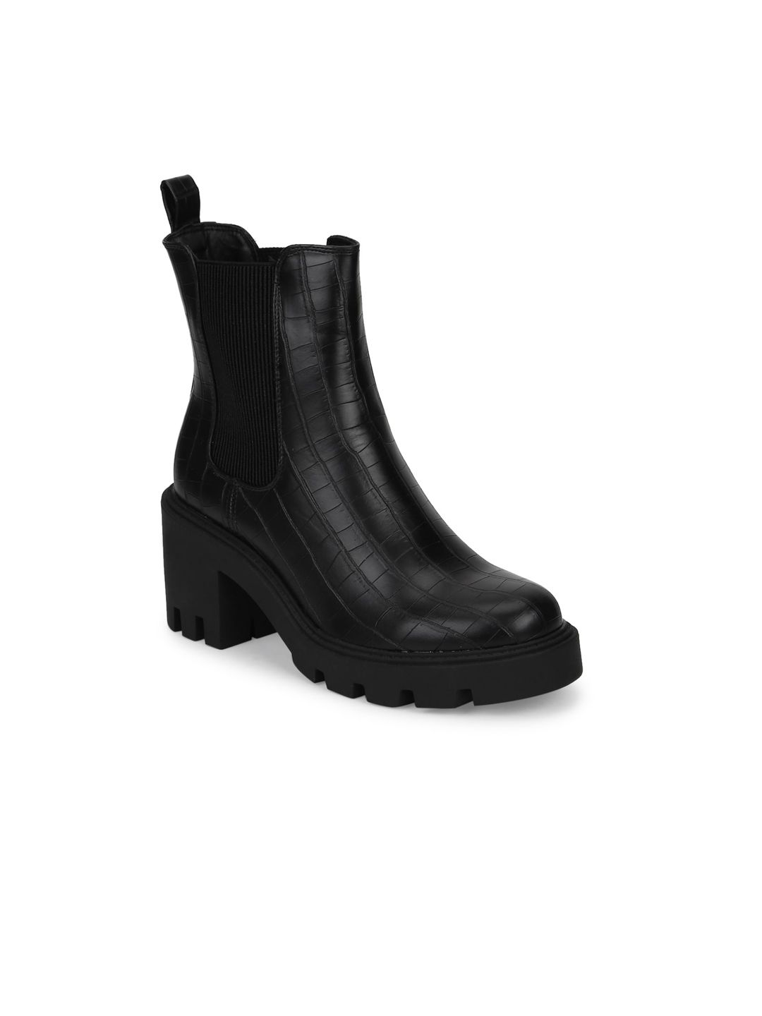 Truffle Collection Black Textured PU Block Heeled Boots Price in India