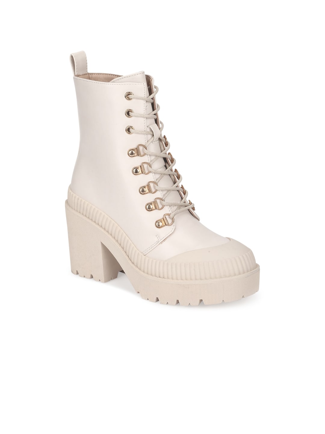 Truffle Collection Beige Solid High-Top Block Heeled Boots Price in India