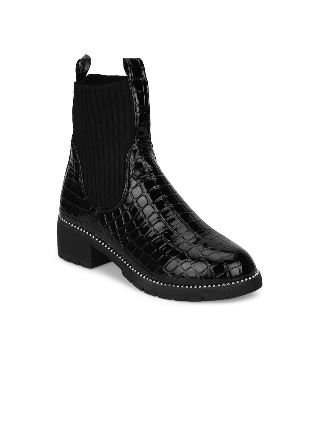 Truffle Collection Black Textured High-Top Block Heeled Boots Price in India