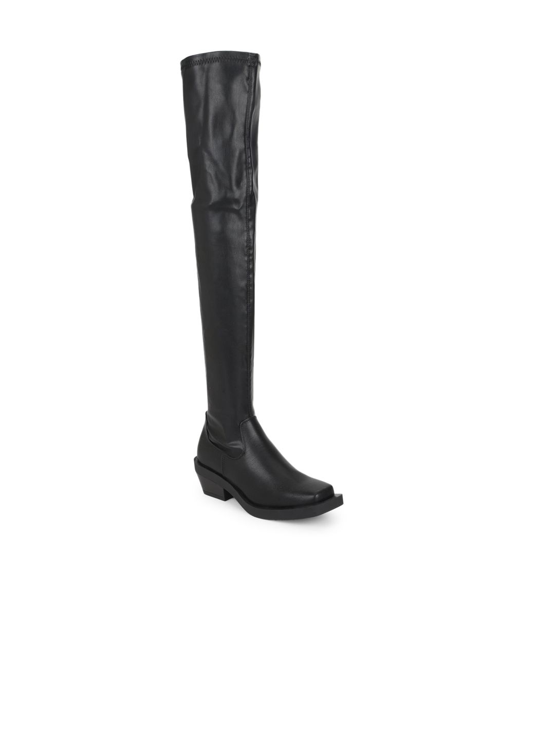 Truffle Collection Black PU Block Heeled Knee-High Boots Price in India