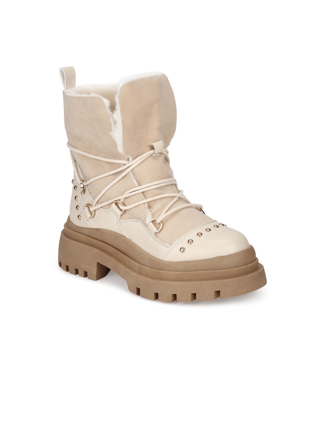 Truffle Collection Beige & Brown Solid Platform Heeled Boots Price in India