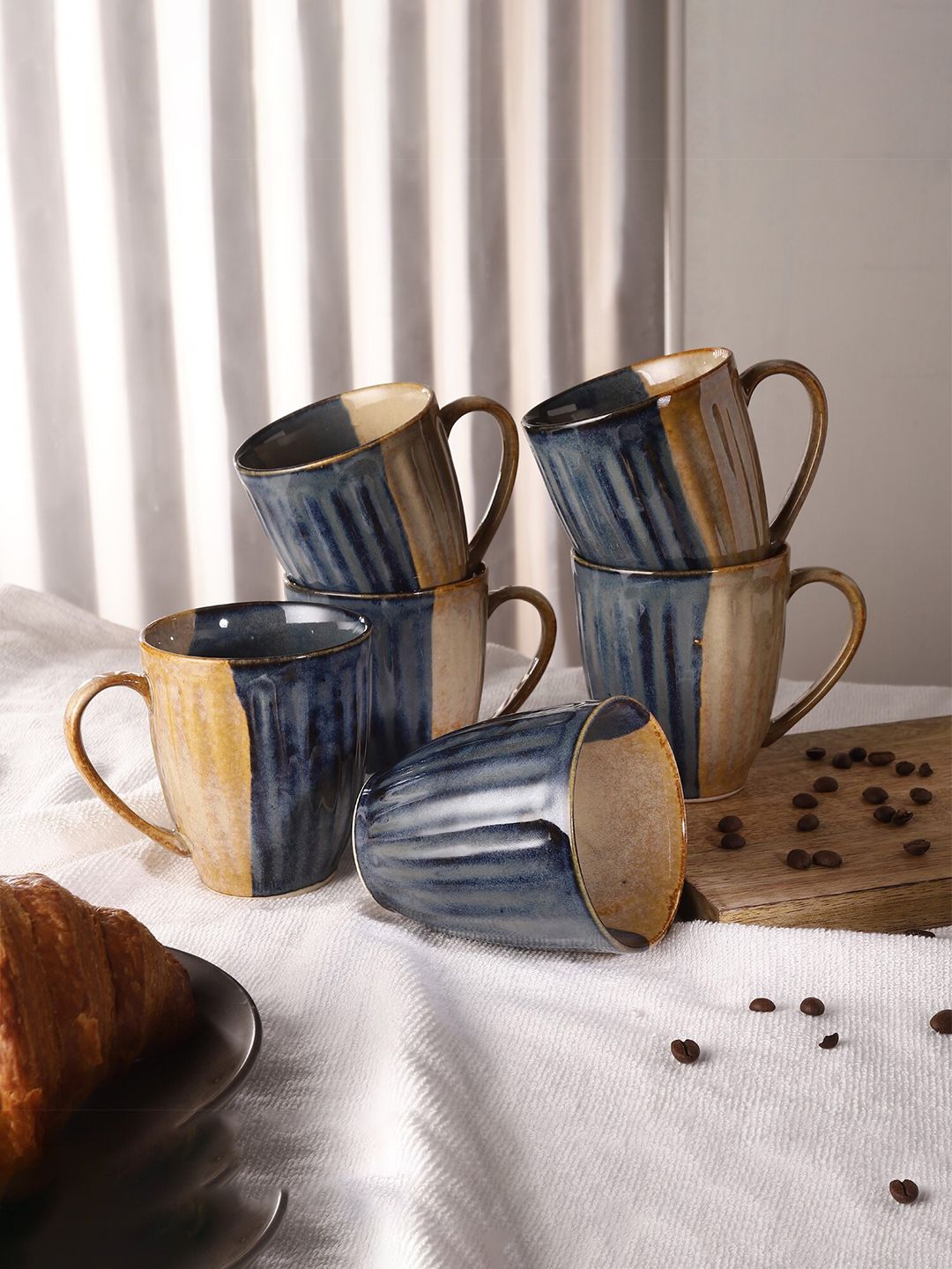 The Decor Mart Set Of 6 Navy Blue & Mustard Textured Ceramic Coffee Mug Price in India