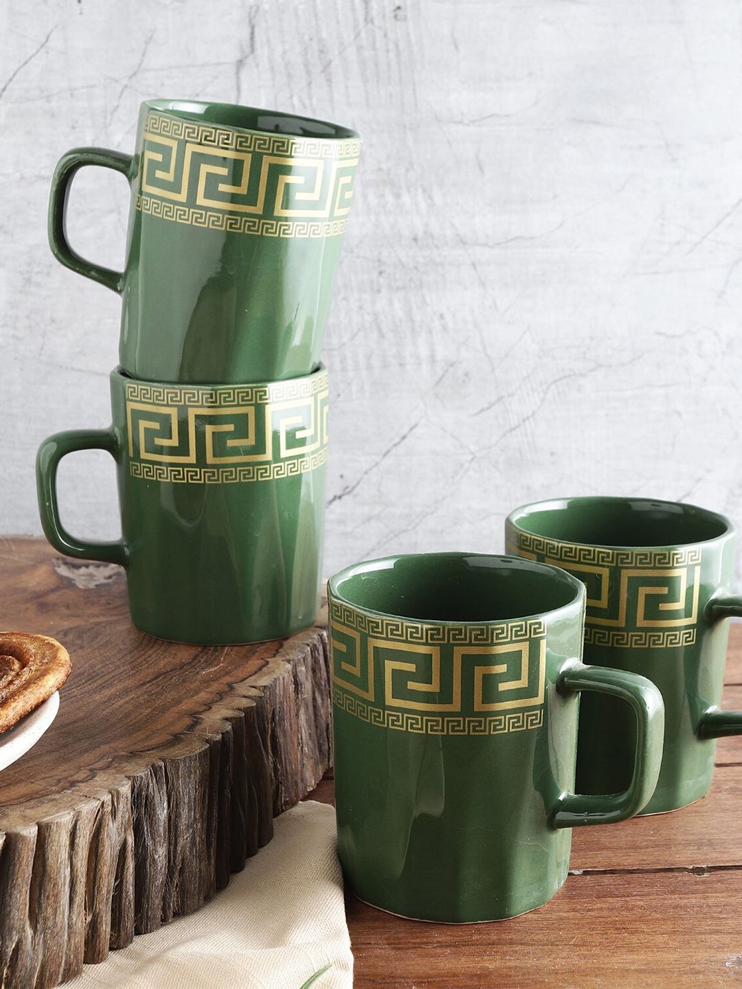 The Decor Mart Green & Gold-Toned Set of 4 Printed Ceramic Glossy Mugs Price in India