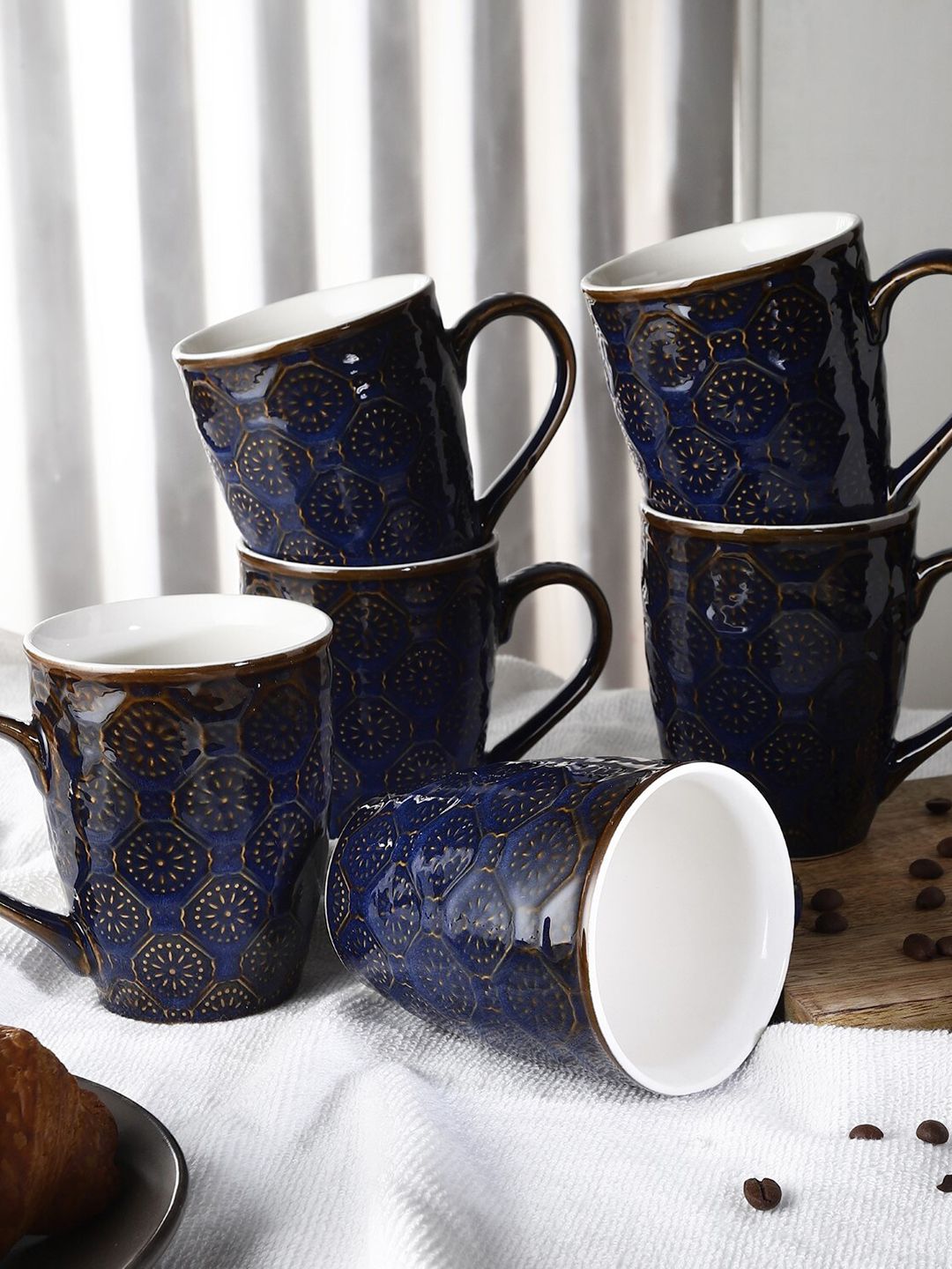 The Decor Mart Set Of 6 Blue & White Textured Ceramic Glossy Mugs Price in India