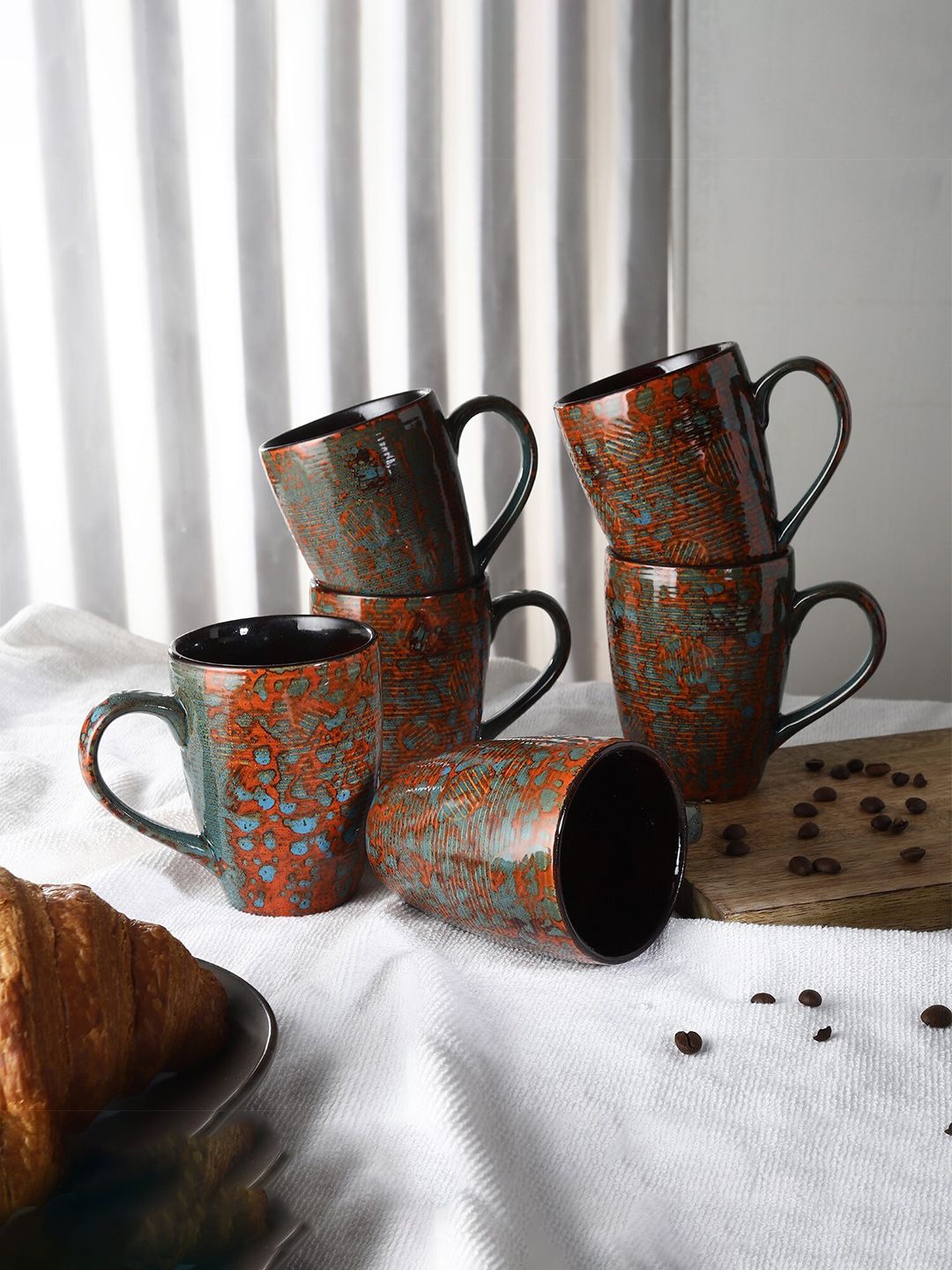 The Decor Mart Set-6 Orange & Black Textured Ceramic Glossy Cups and Mugs Price in India