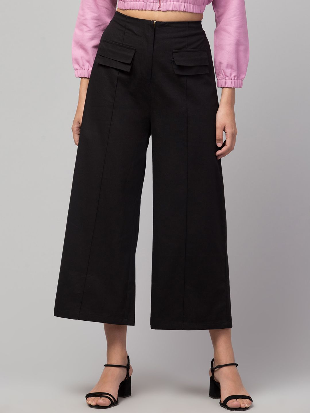 Orchid Blues Women Black Flared High-Rise Culottes Trousers Price in India