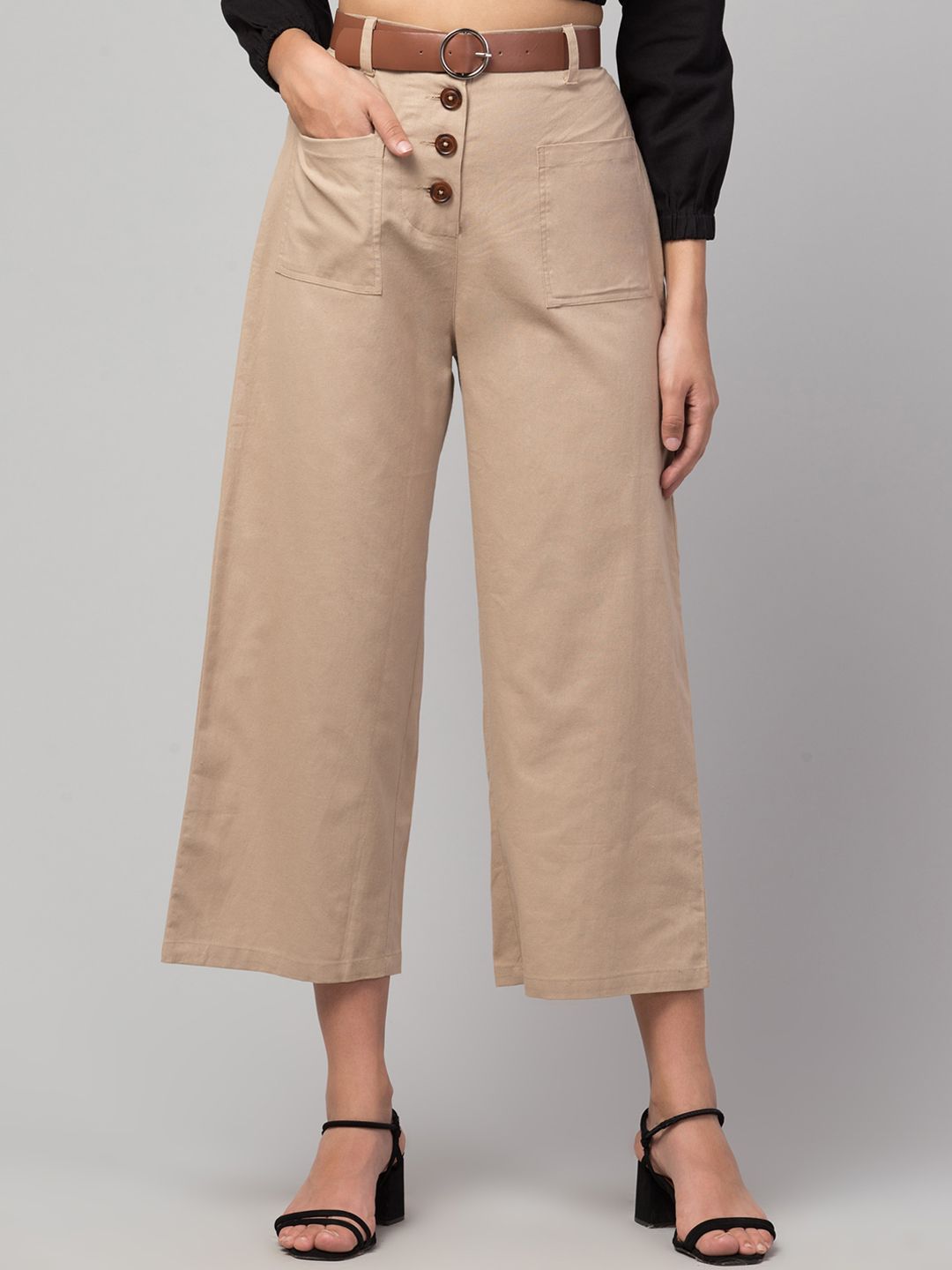 Orchid Blues Women Beige Flared High-Rise Culottes Trousers Price in India