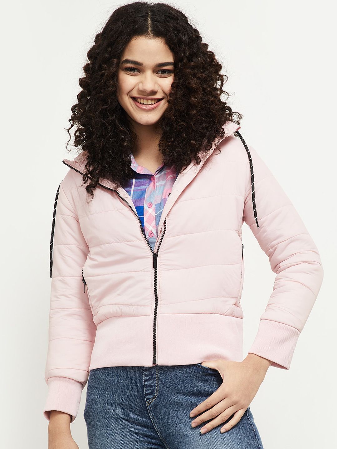 max Women Pink Floral Striped Windcheater Crop Open Front Jacket Price in India