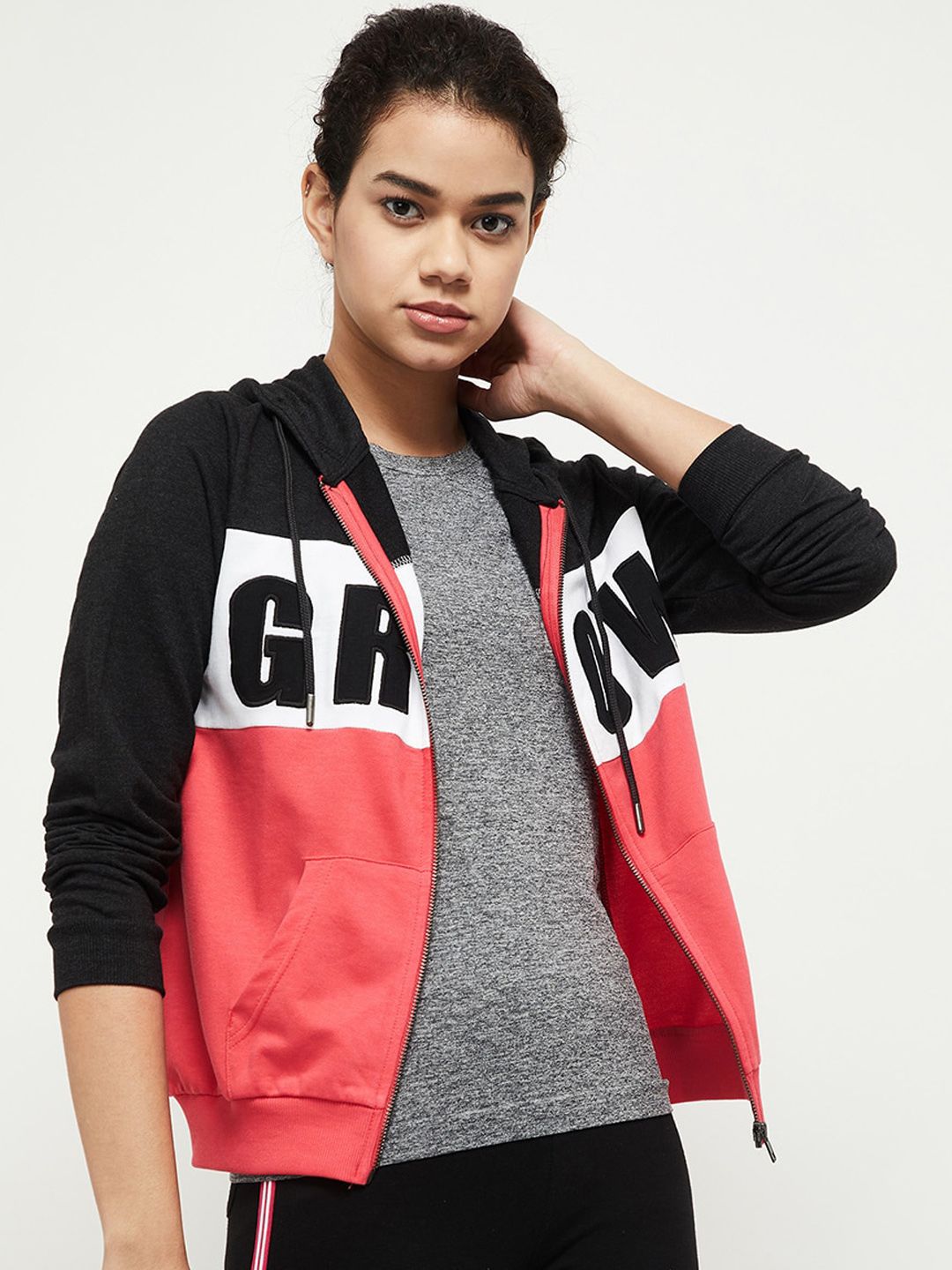 max Women Coral & Black Windcheater Sporty Jacket Price in India