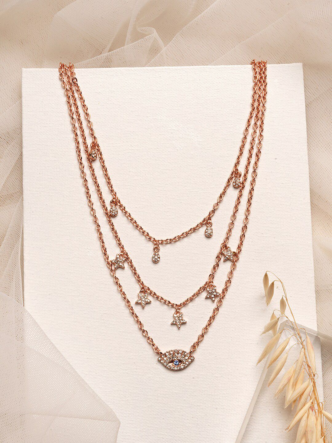 JOKER & WITCH Rose Gold & Transparent Brass Radiant Evil Eye Layered Necklace Price in India