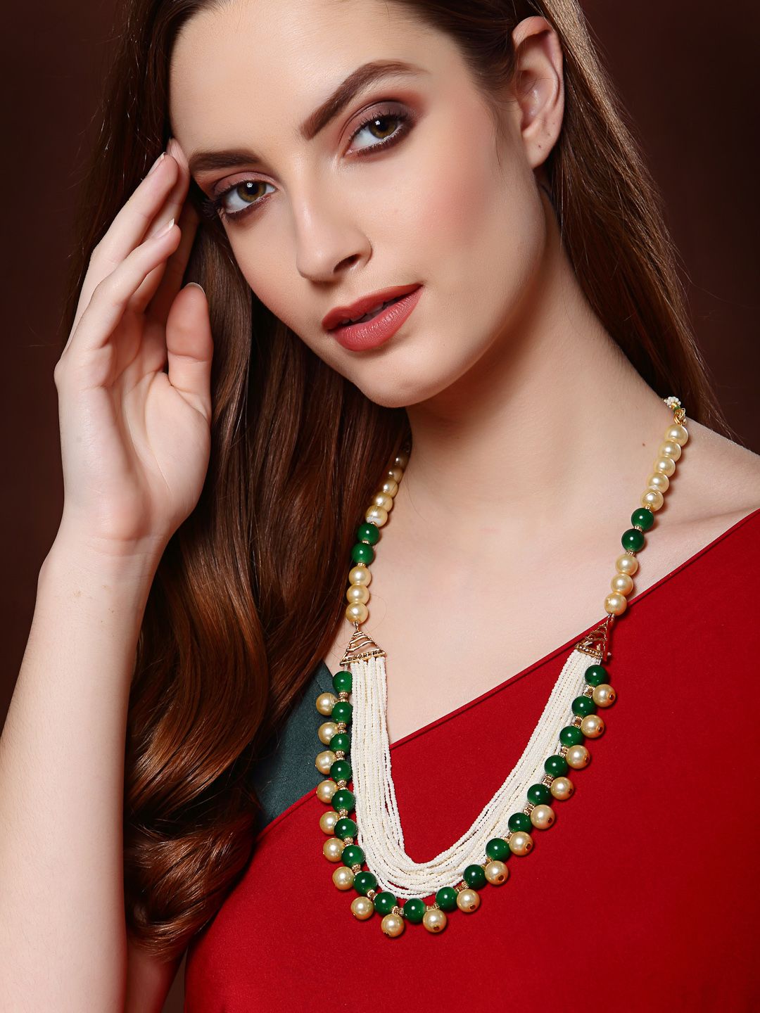 PANASH Gold-Toned & Green Pearls Beaded Gold-Plated Layered Necklace Price in India