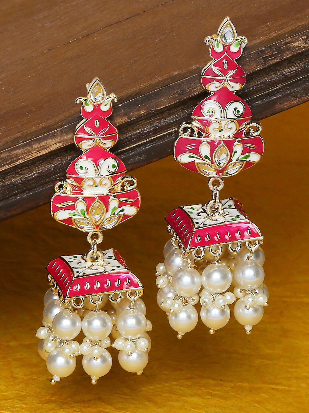 OOMPH Pink & White Dome Shaped Meenakari Jhumkas Earrings Price in India