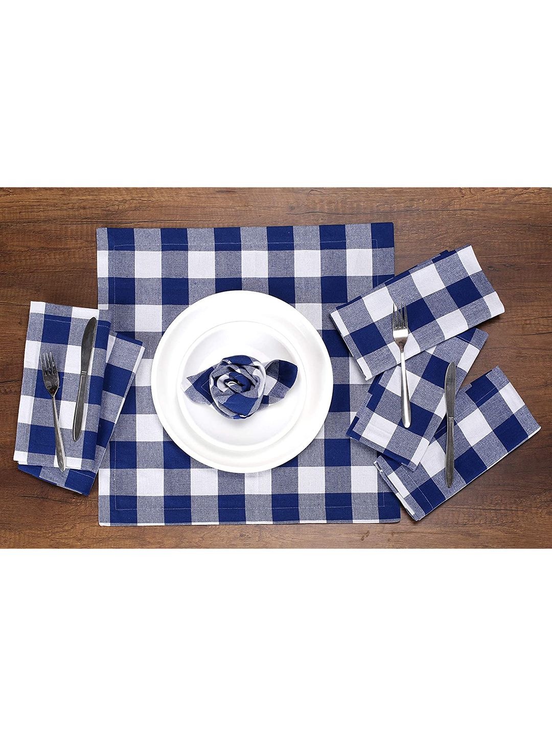 Lushomes Pack of 6 Royal Blue Checked Dinning Kitchen Napkins with Cloth Belt Price in India