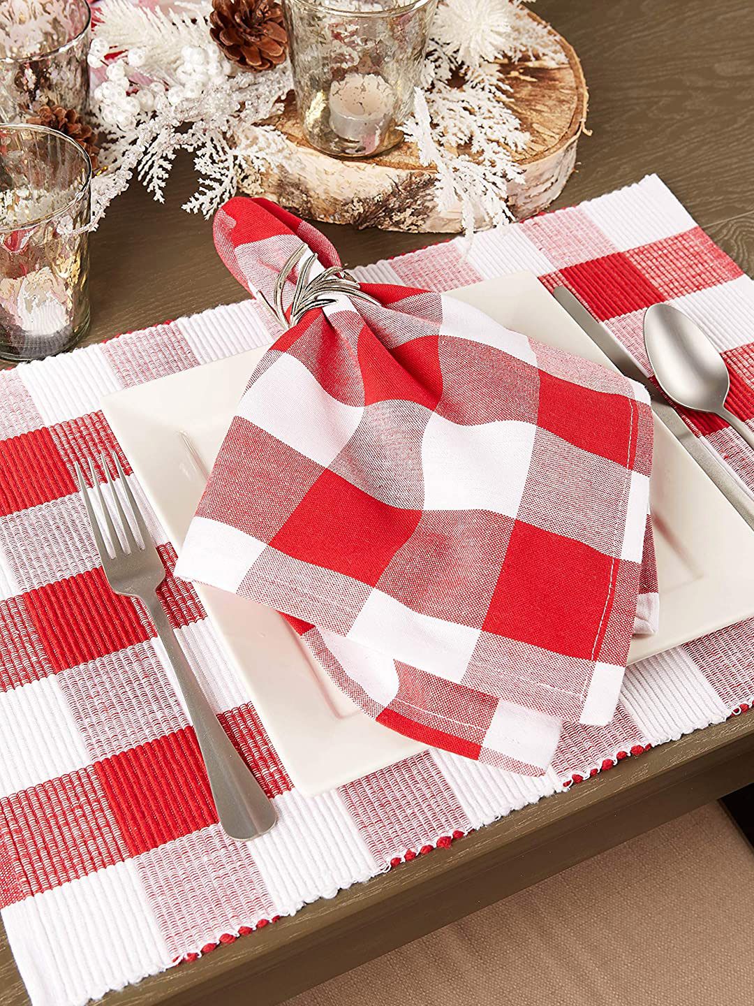 Lushomes Set Of 6 Red & White Checked Cotton Table Napkins Price in India