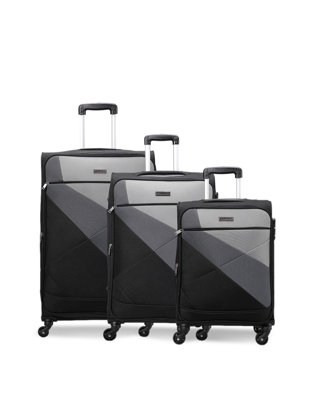 CARRIALL Set Of 3 Black & Grey Colourblocked Soft-Sided Trolley Suitcases Price in India