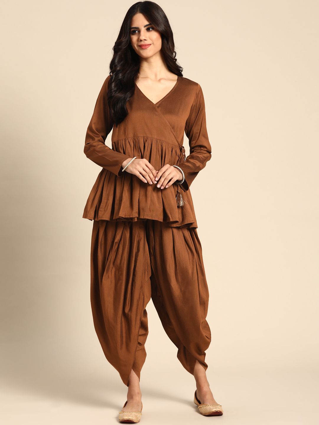 anayna Women Brown Solid Tunic with Dhoti Pants Price in India
