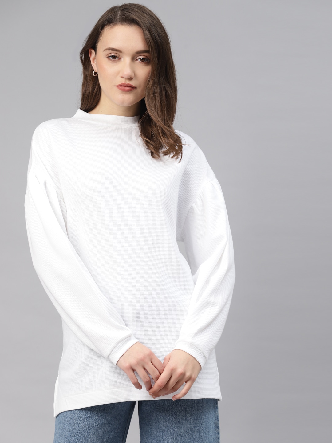 Marks & Spencer Women White Self Checked Longline Sweatshirt Price in India