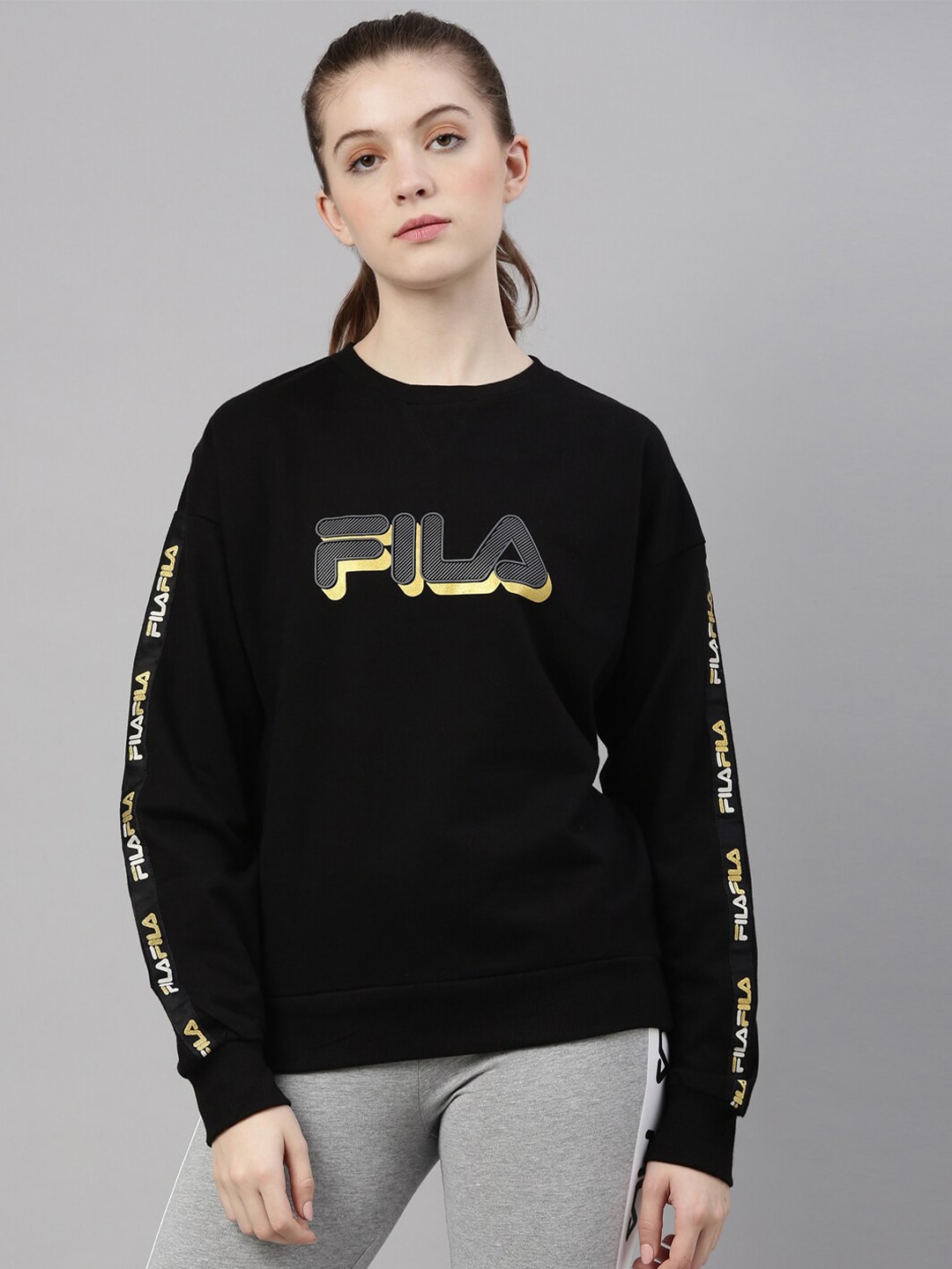 FILA Women Black & Grey Printed Pure Cotton Sweatshirt Price in India