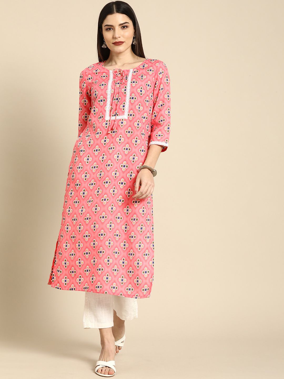 Anouk Women Pink Ethnic Motifs Printed Tie-Up Neck Patchwork Pastels Straight Kurta Price in India