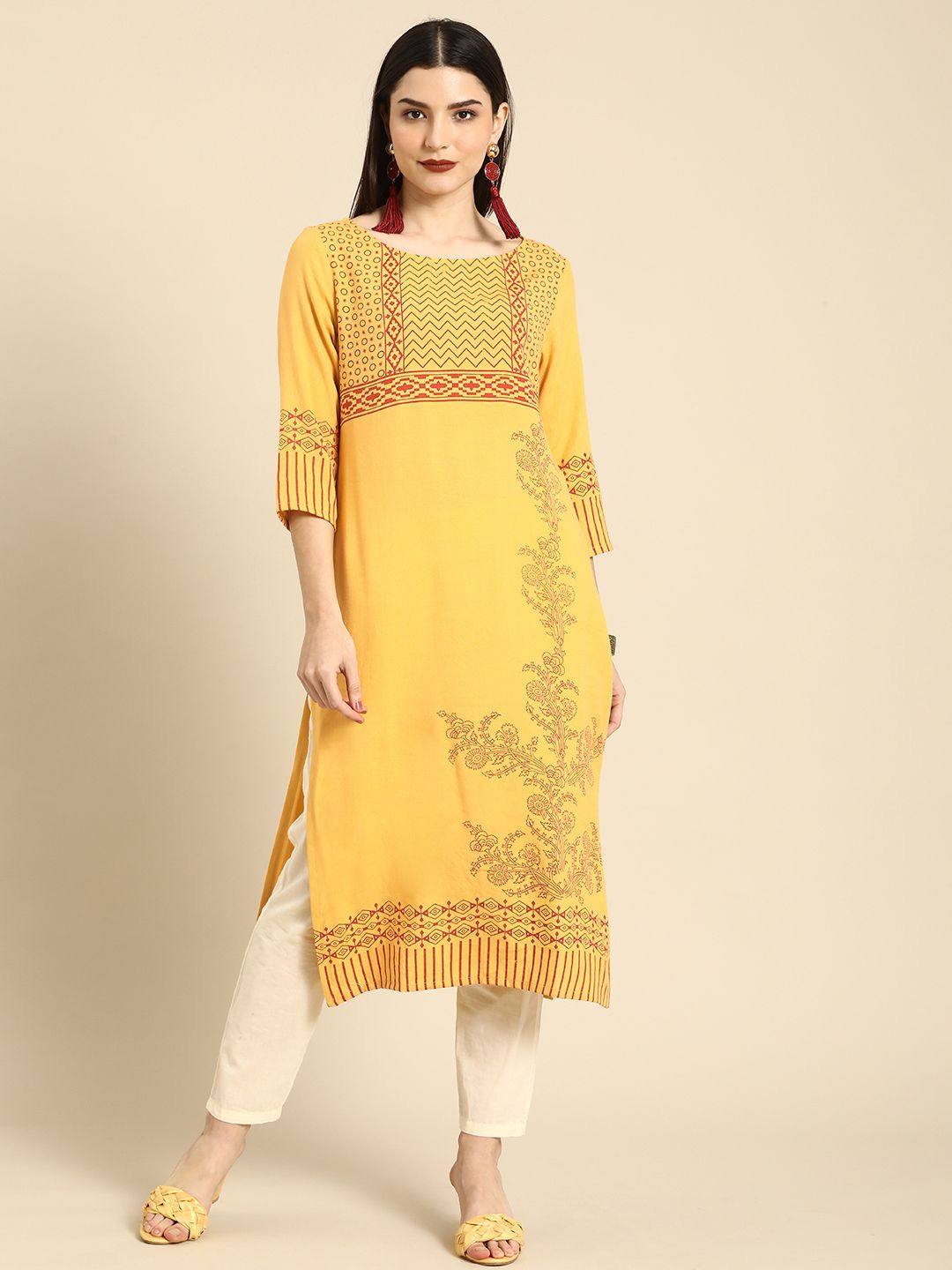 Anouk Women Mustard Yellow & Maroon Ethnic Motifs Printed Boat Neck Viscose Rayon Kurta Price in India