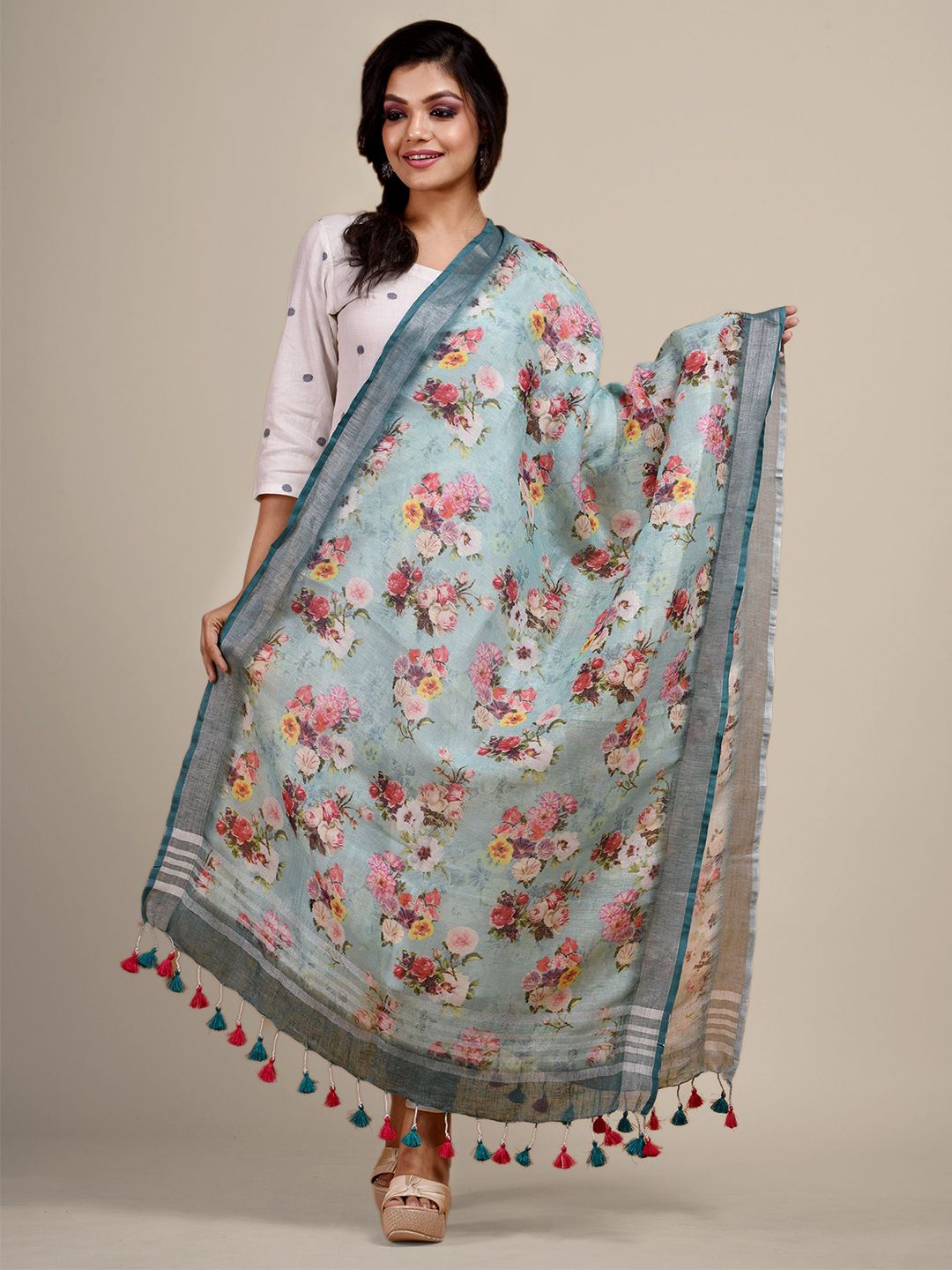 Arhi Women Green & Pnk Floral Printed Linen Dupatta Price in India
