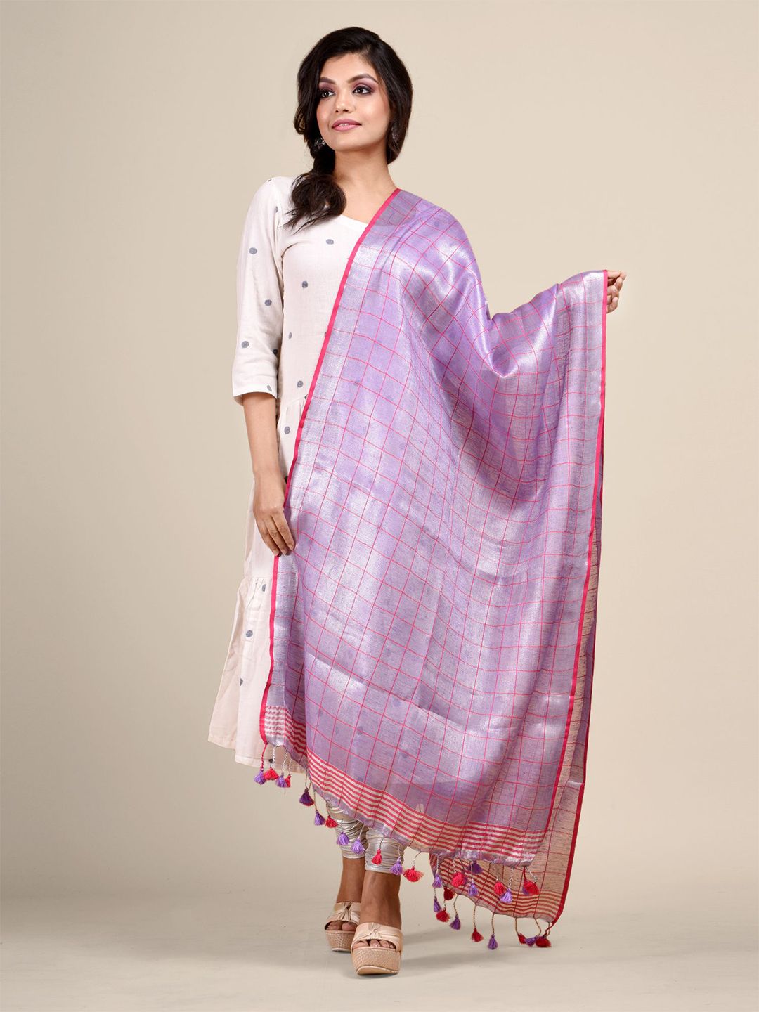Arhi Lavender & Magenta Checked Dupatta with Zari Price in India