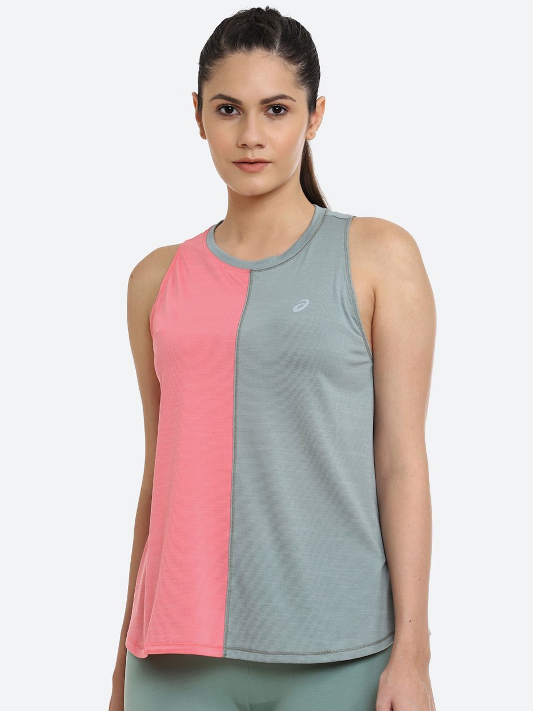 ASICS Women Grey & Pink Colourblocked Tank Running T-shirt TOKYO Price in India