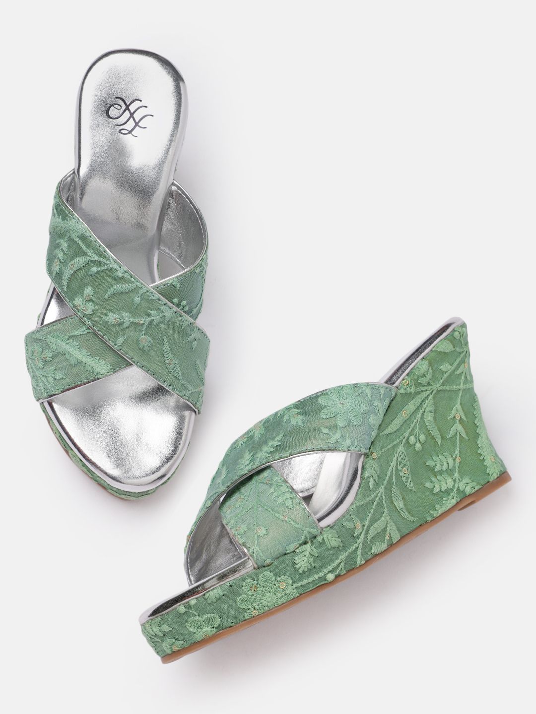 House of Pataudi Mint Green Floral Embroidered and Sequin Embellished Wedge Price in India