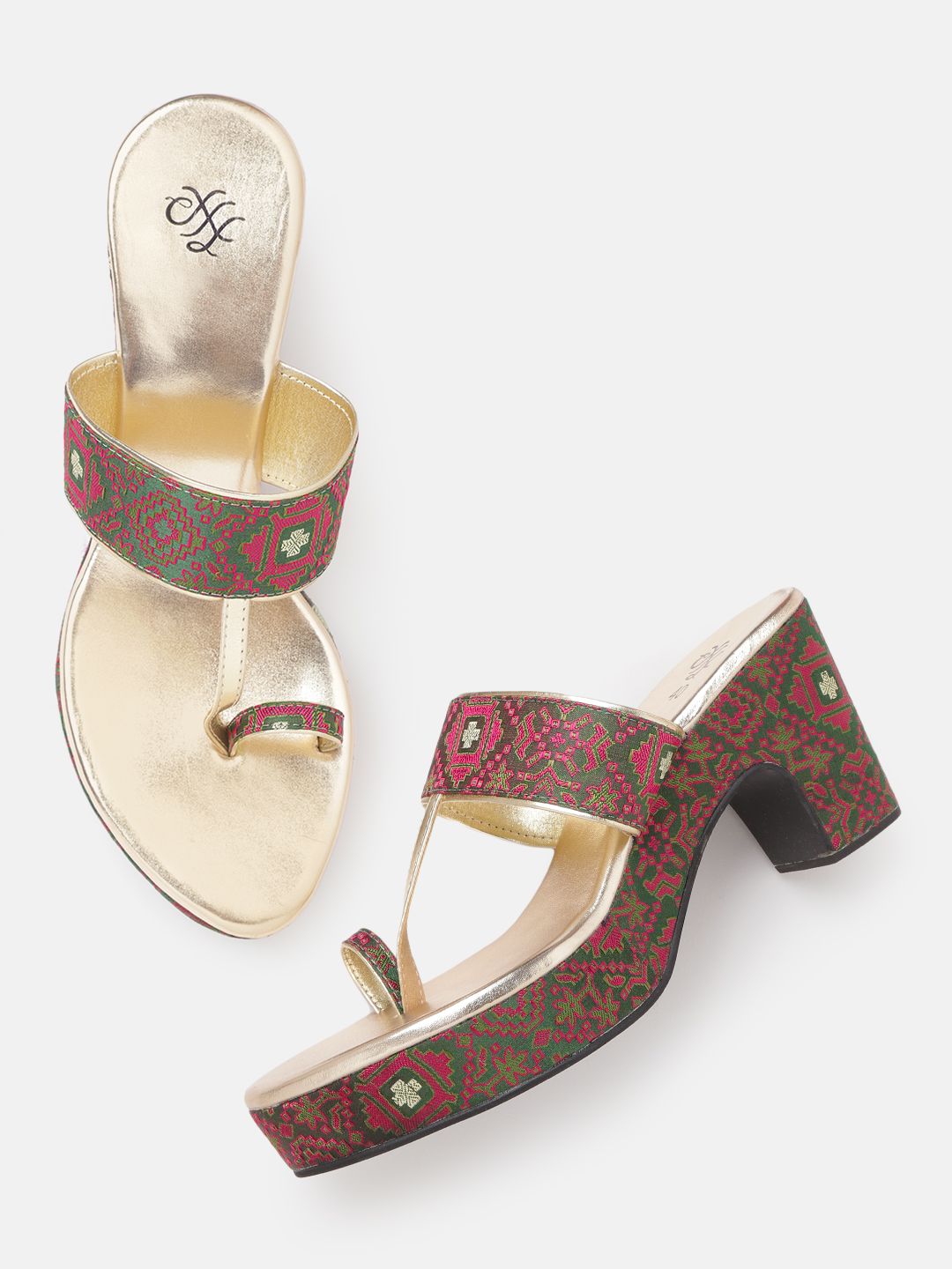 House of Pataudi Women Green & Pink Woven Design Handcrafted Platform Heels Price in India